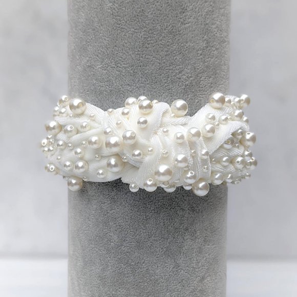 Ivory Pearl Knot Velvet Headband Pearl Beads Handmade Knotted Turban Maximalist main image 6